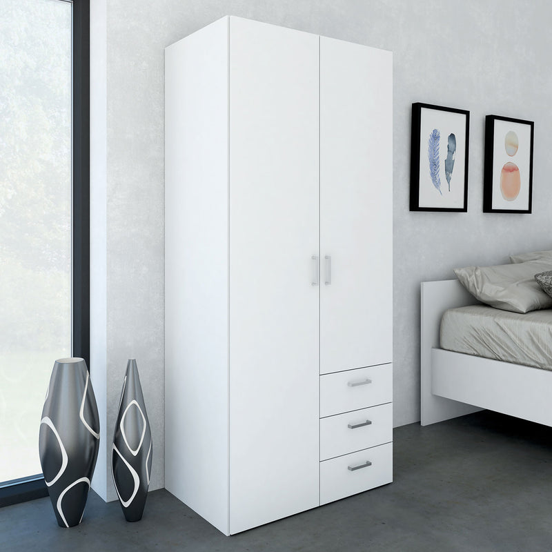 Space White 2 Doors 3 Drawers Wide Wardrobe by Lavishway | Wardrobe-28747