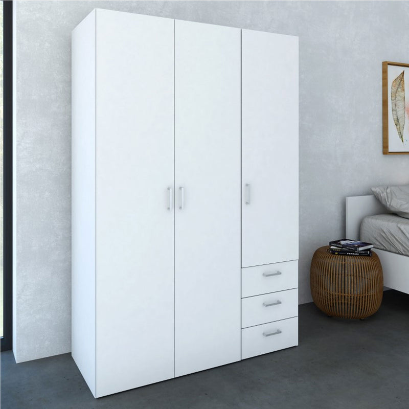Space White 3 Doors 3 Drawers Wide Wardrobe by Lavishway | Wardrobe-28783