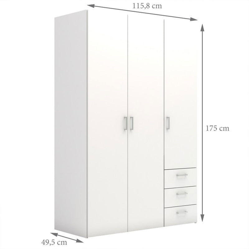 Space White 3 Doors 3 Drawers Wide Wardrobe by Lavishway | Wardrobe-28787