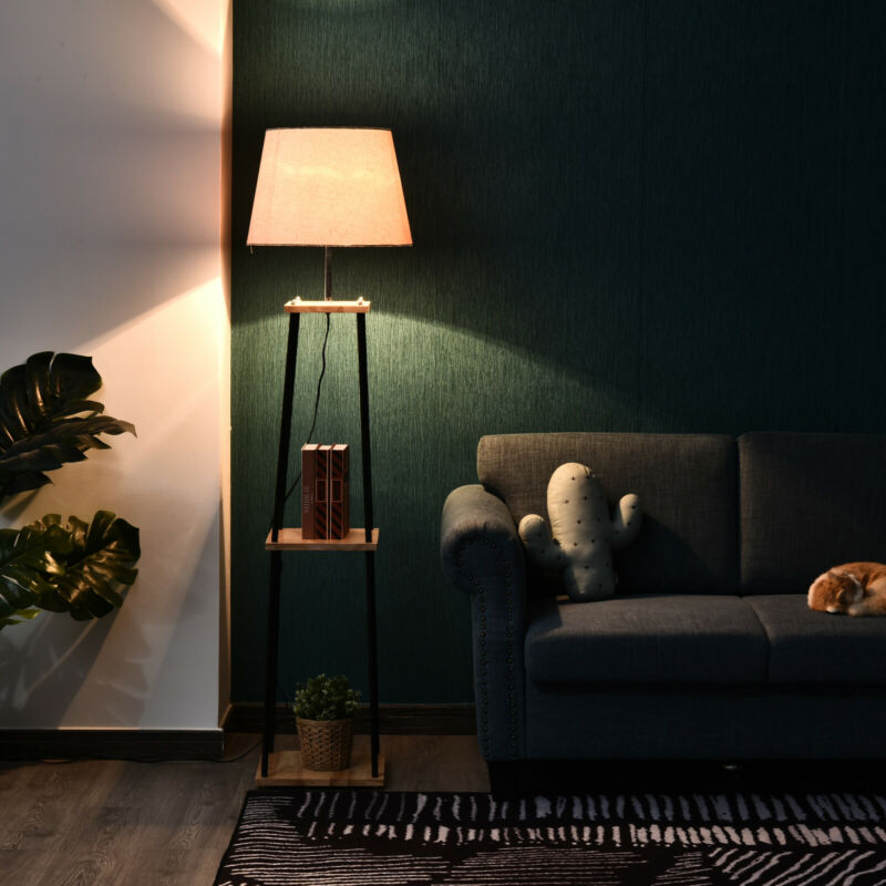 Tripod Floor Lamp with 3-Tier in Oak & White by Lavishway | Floor Lamps-43582