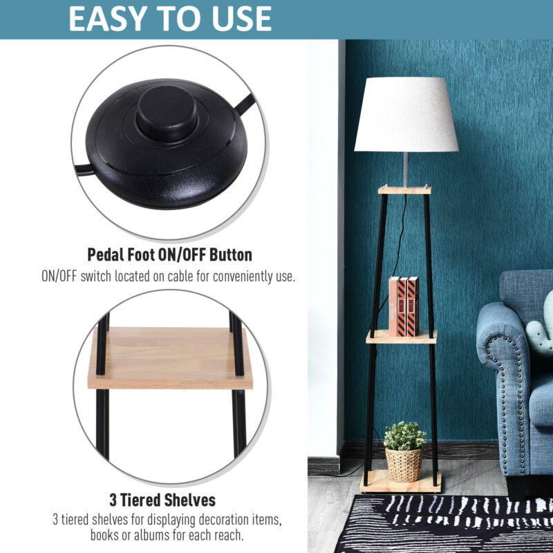 Tripod Floor Lamp with 3-Tier in Oak & White by Lavishway | Floor Lamps-43588