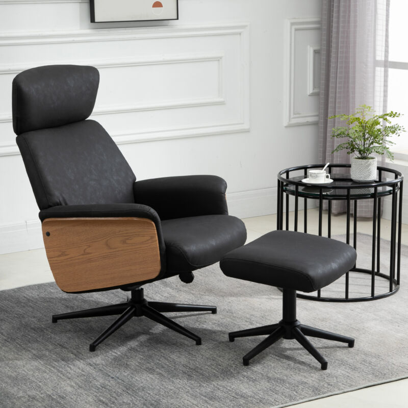 Faux Leather Armchair with Footrest - Black by Lavishway | Recliner Armchairs-43646